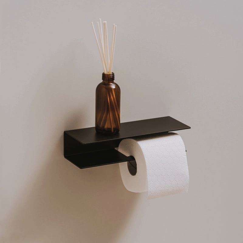 Black Wall-Mounted Double Toilet Paper Holder with Wooden Shelf